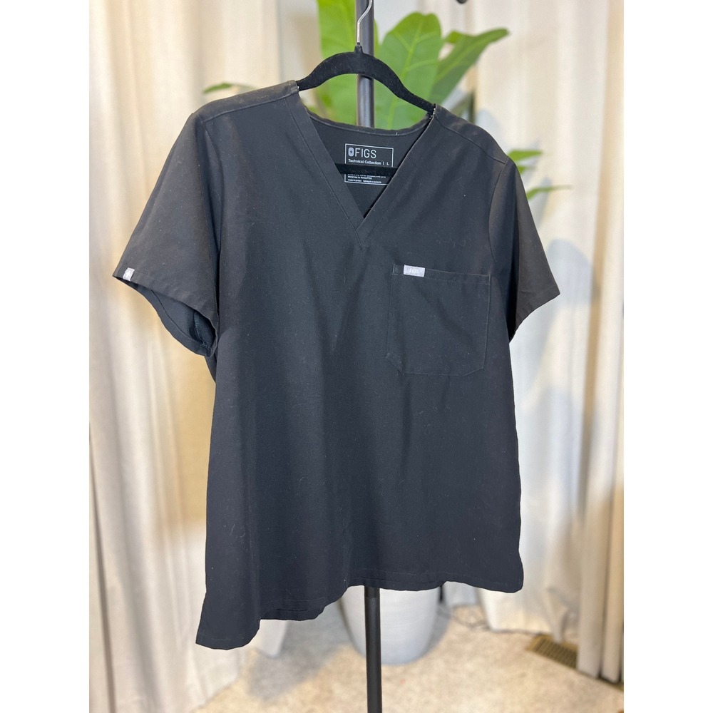 Figs Technical Collection Black V-Neck One Pocket Scrub Top Large Womens L